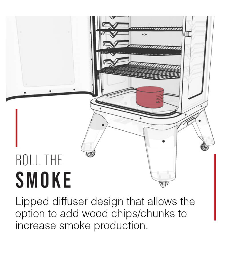 Roll the smoke- lipped diffuser design that allows the option to add wood chips/chunks to increase smoke production